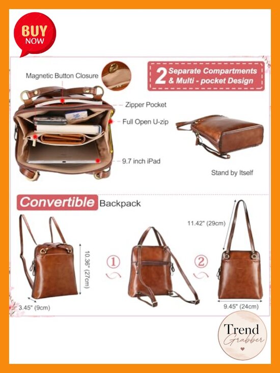 Convertible Leather Backpack Purse - Fits iPad, Adjustable Strap main image 5